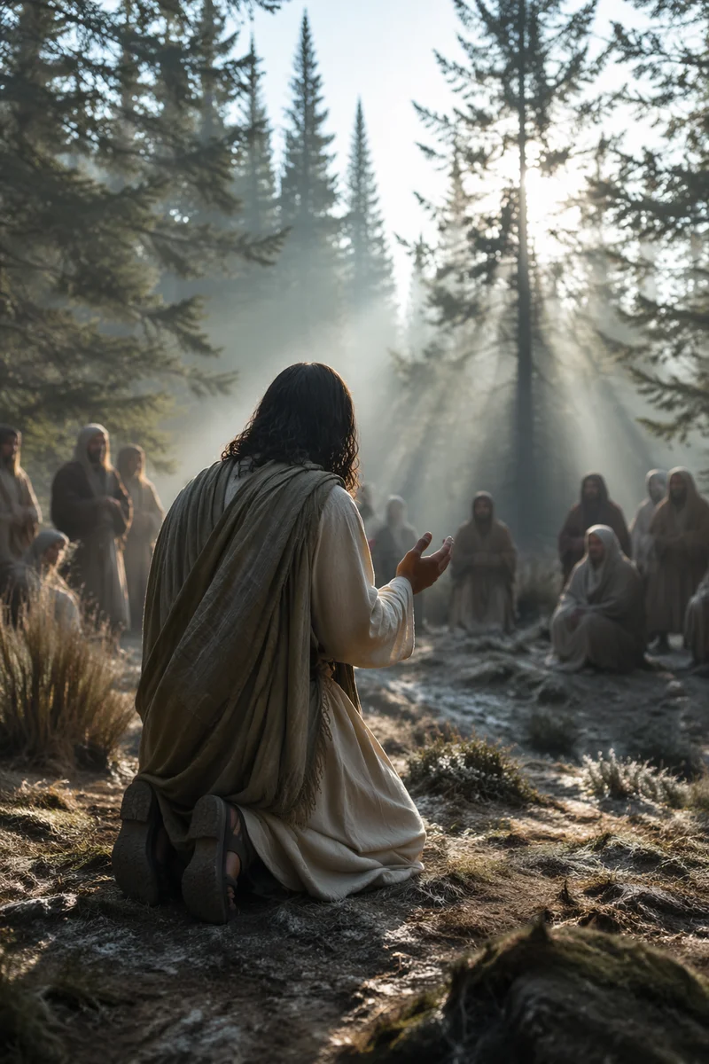 Kneeling Prayer in Evergreen Morning Mist