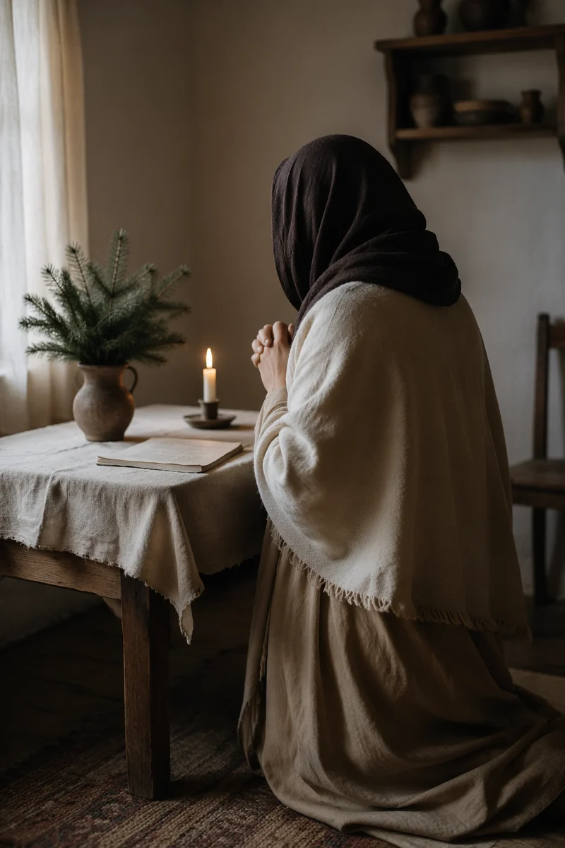 Humble Prayer Beside Evergreen Candle