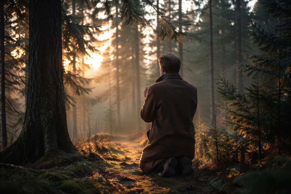Kneeling Prayer Beneath Evergreen Sunrise