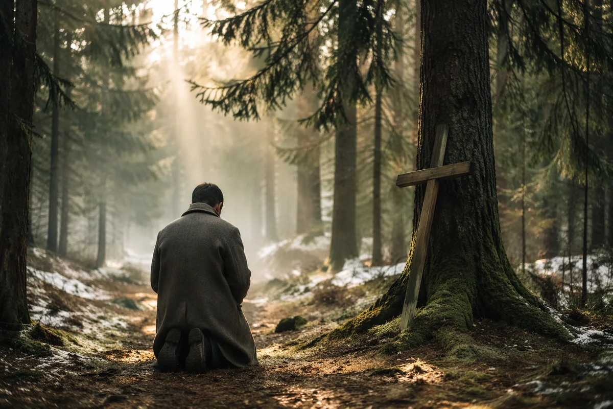 Kneeling Prayer in Evergreen Forest