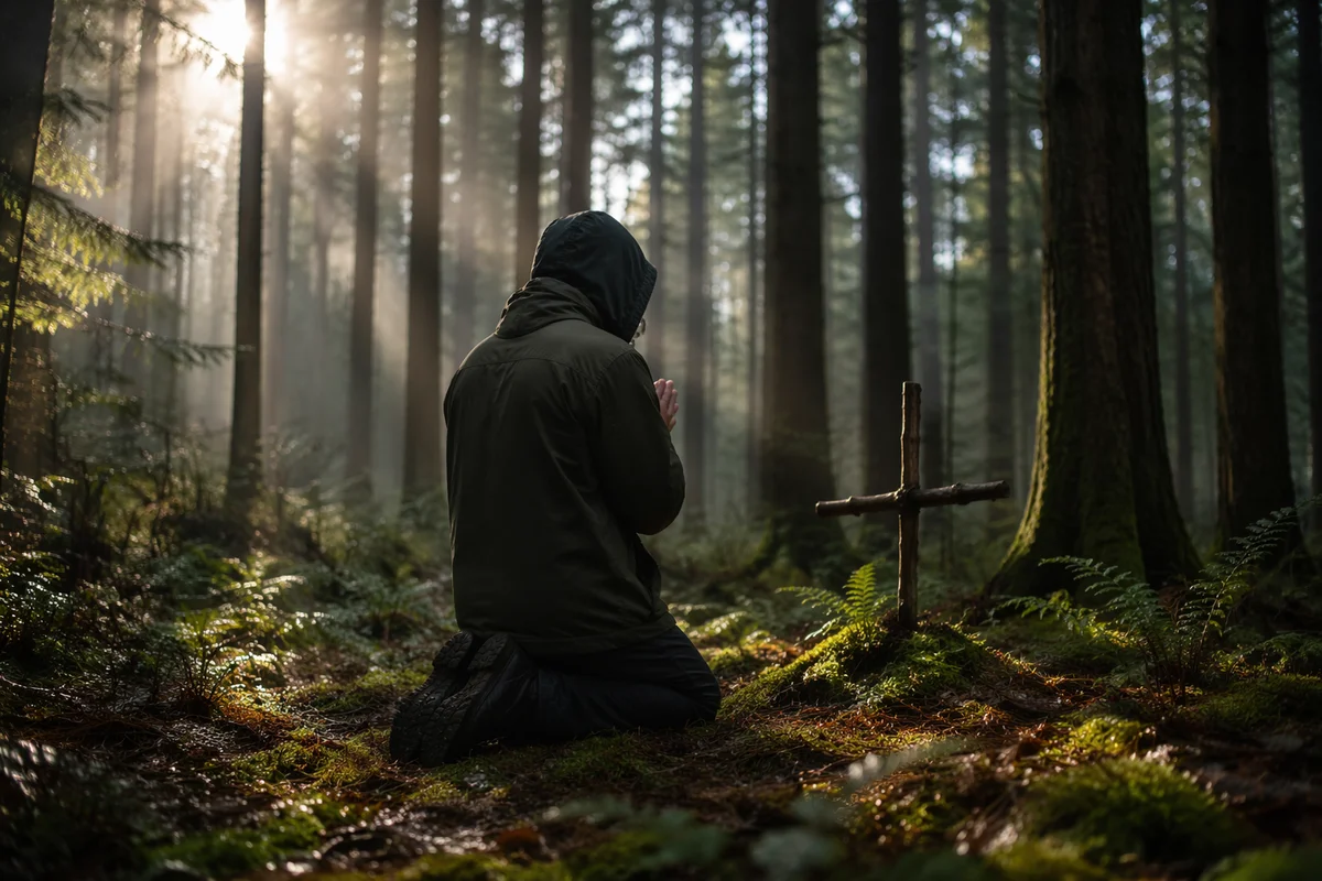 Kneeling Prayer in Evergreen Forest