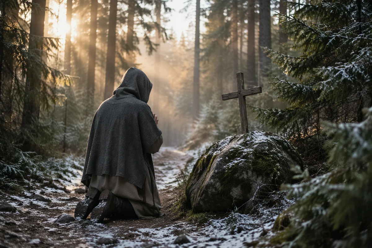 Kneeling Prayer on Evergreen Forest Path