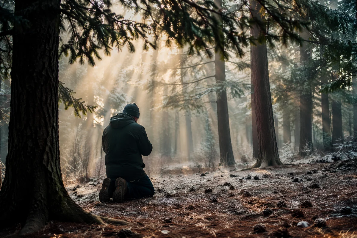 Kneeling Prayer in a Misty Evergreen Forest