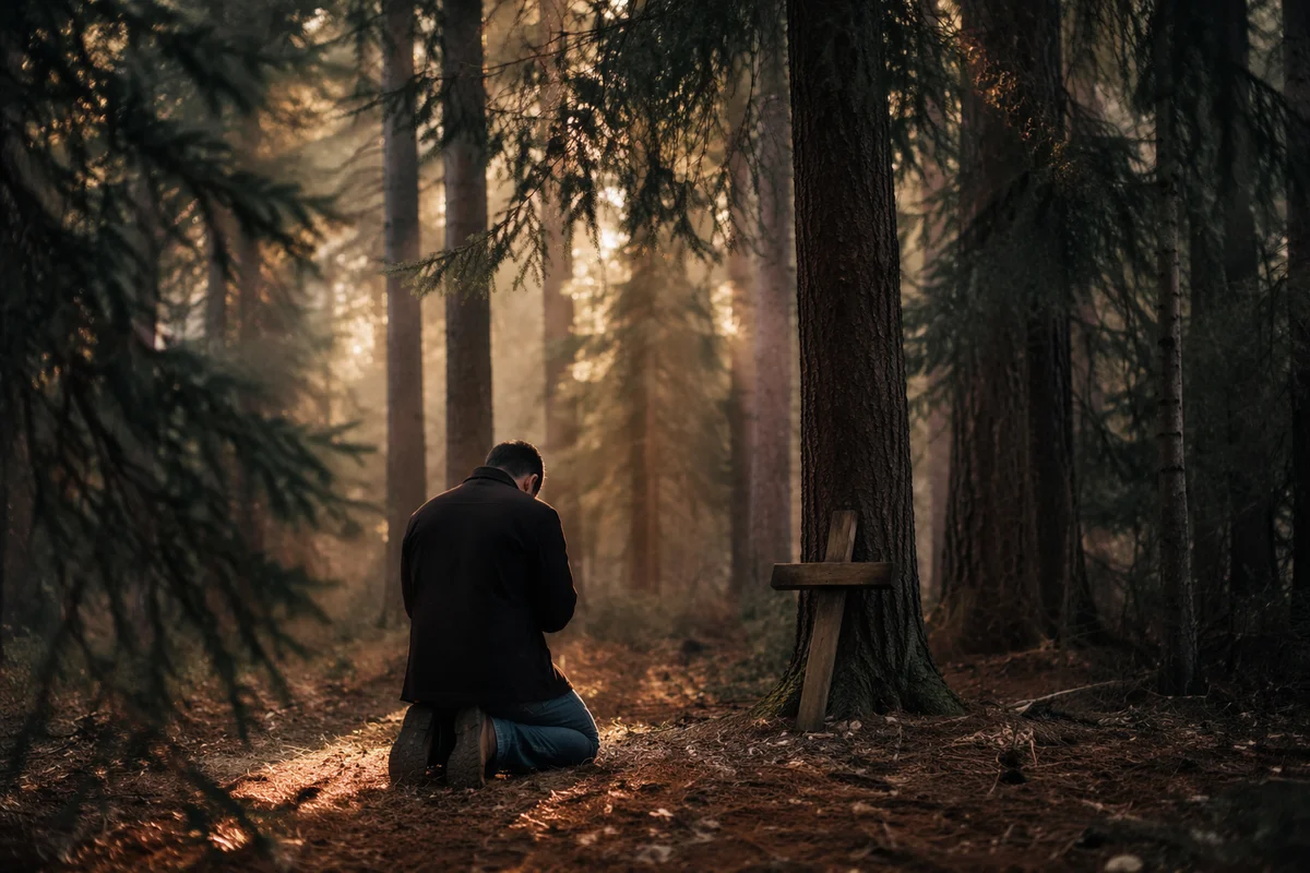 Kneeling Prayer Beneath Evergreen Morning Light