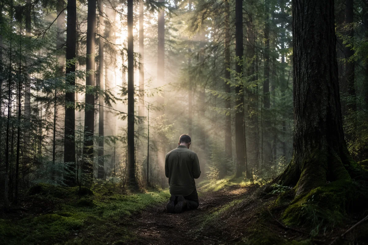 Person Kneeling in Prayer Forest Morning