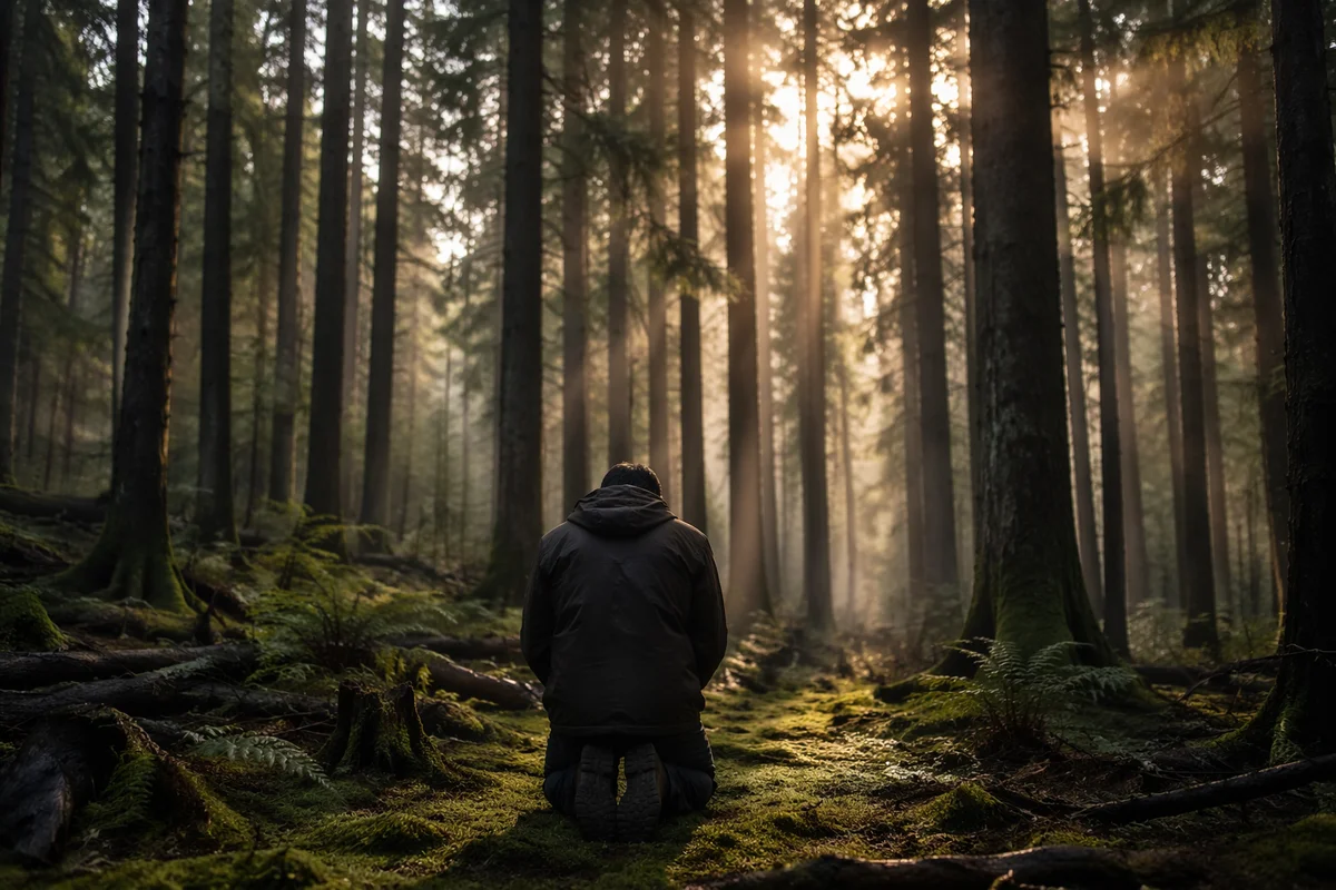 Kneeling Prayer in Evergreen Forest Light