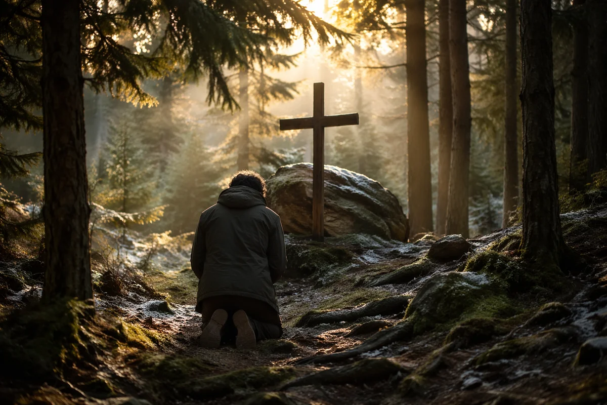 Kneeling Prayer in Evergreen Forest