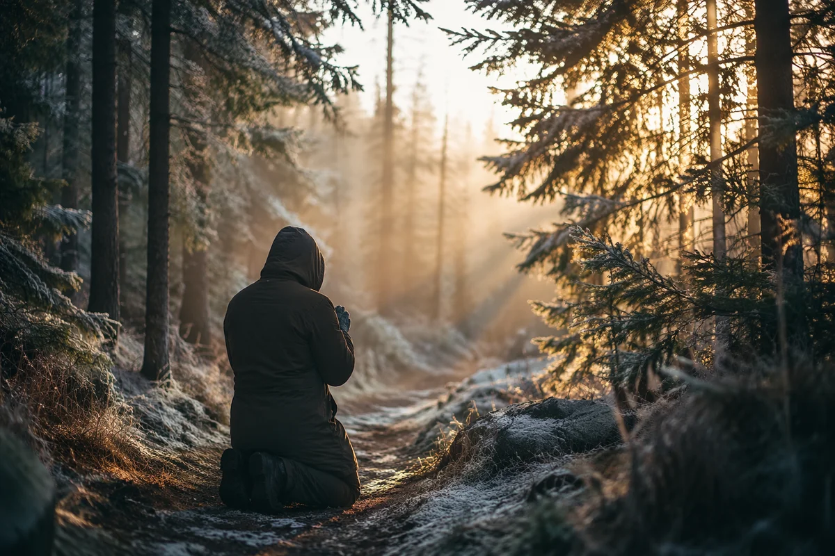 Kneeling Prayer on Evergreen Forest Path