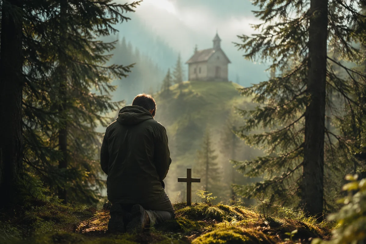 Kneeling Prayer in Misty Evergreen Forest