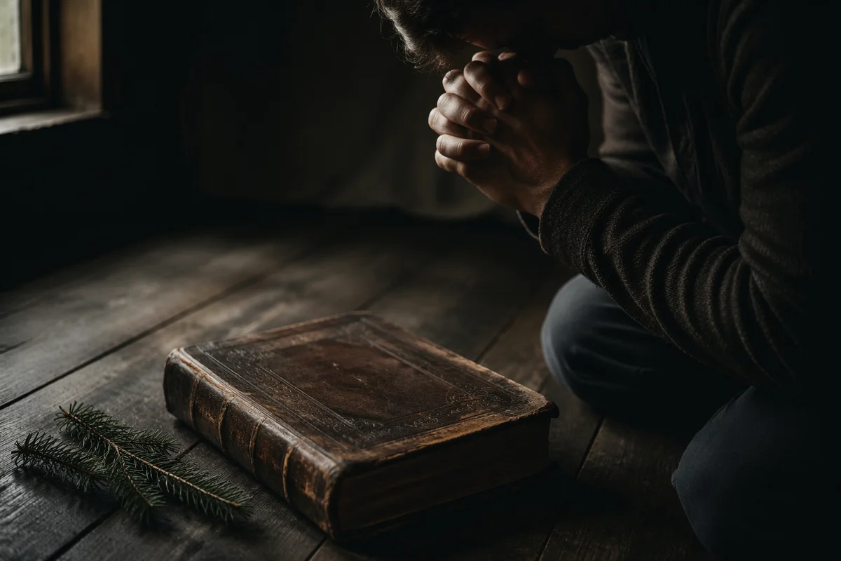 Kneeling Prayer Beside Evergreen and Leather Book