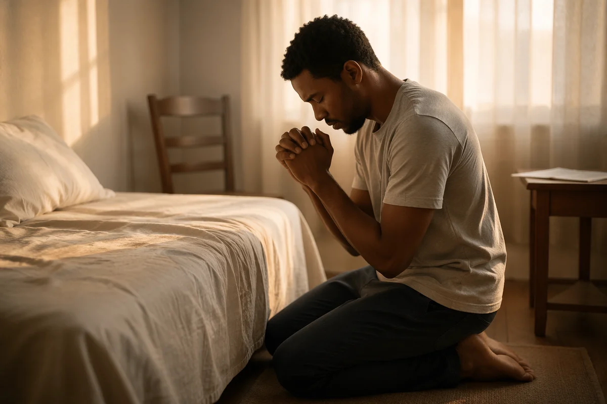 Young Man Kneeling in Bedroom Prayer
