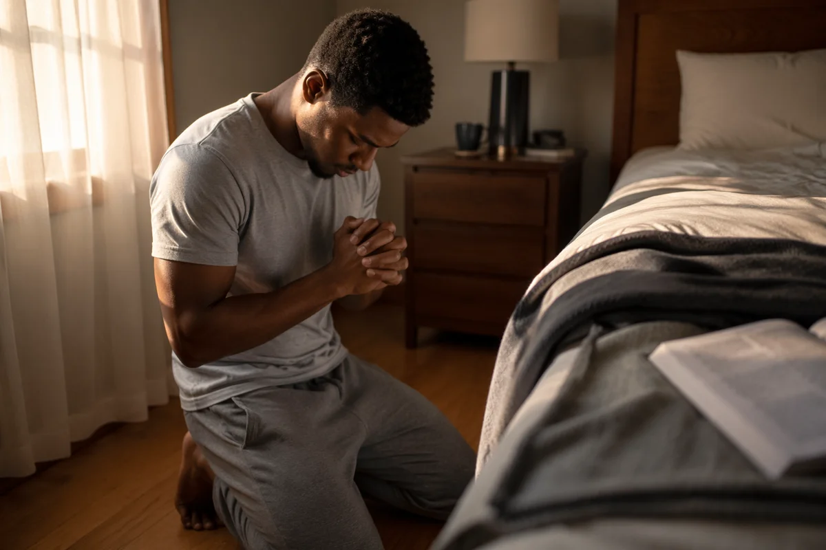 Young Man Kneeling in Prayer at Dawn