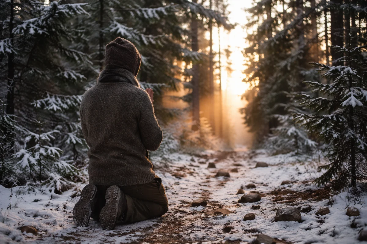 Kneeling Prayer on Snowy Evergreen Path