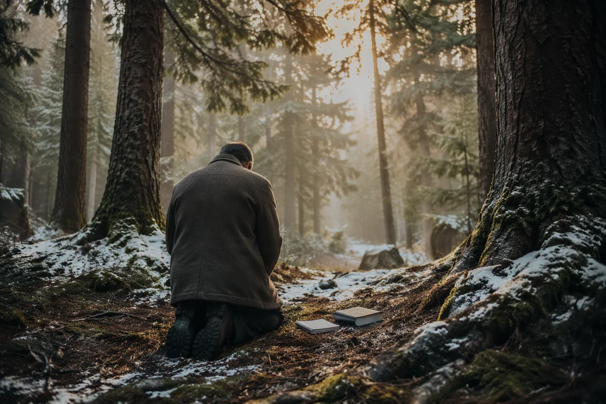 Kneeling Prayer in Evergreen Forest Dawn