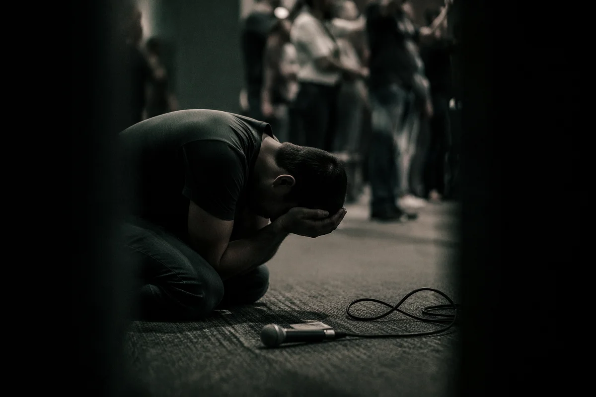 Kneeling Person in Dim Prayer Scene