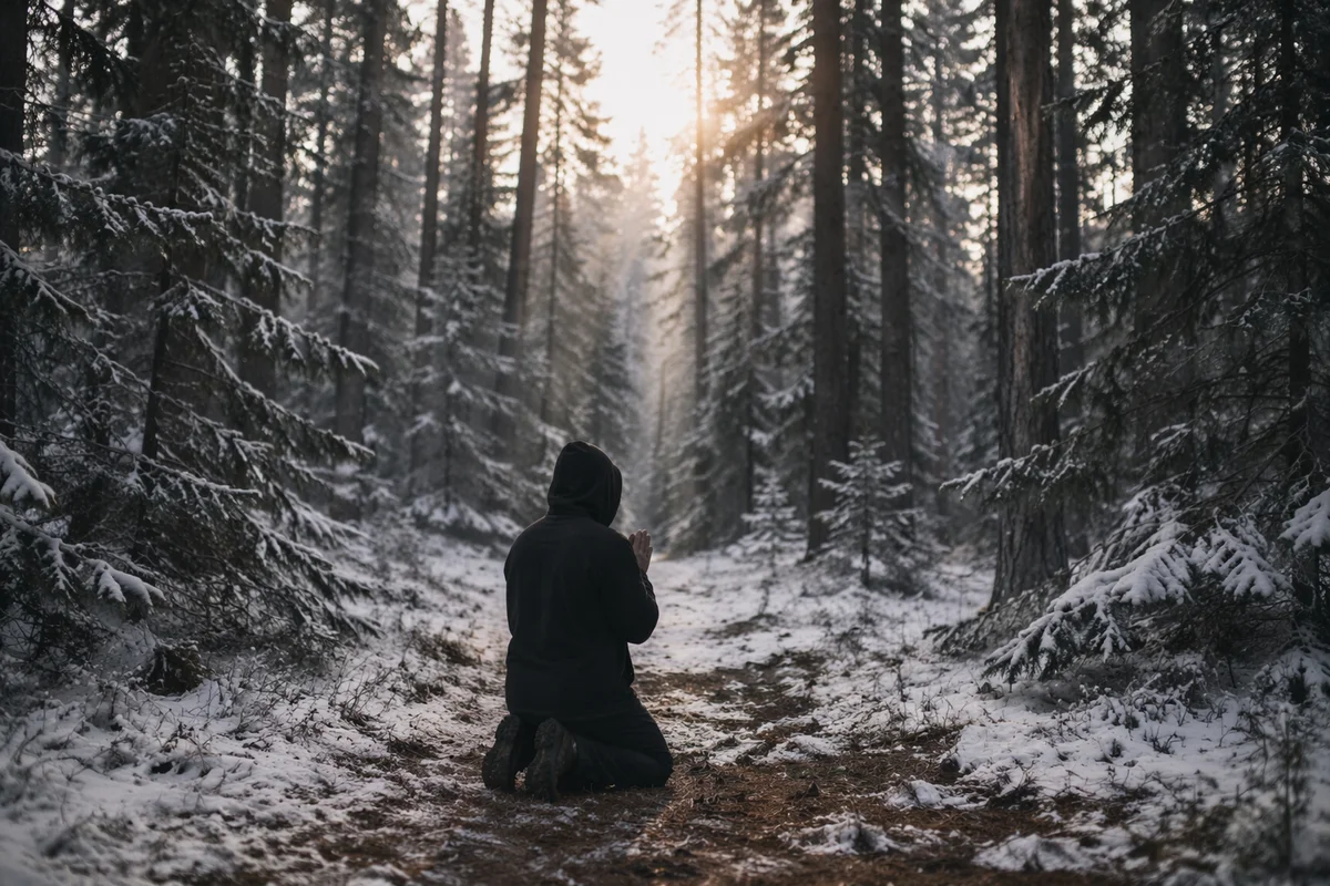 Kneeling Prayer in Winter Evergreen Forest