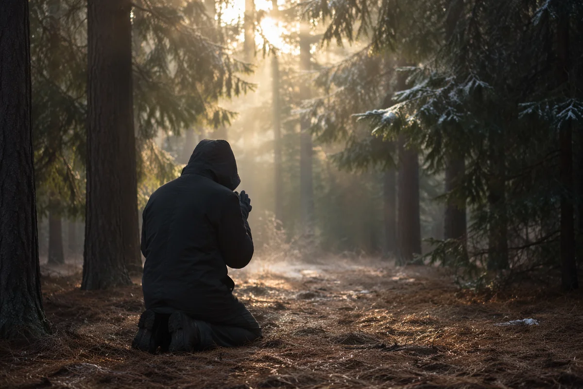 Kneeling Prayer Beneath Winter Evergreens