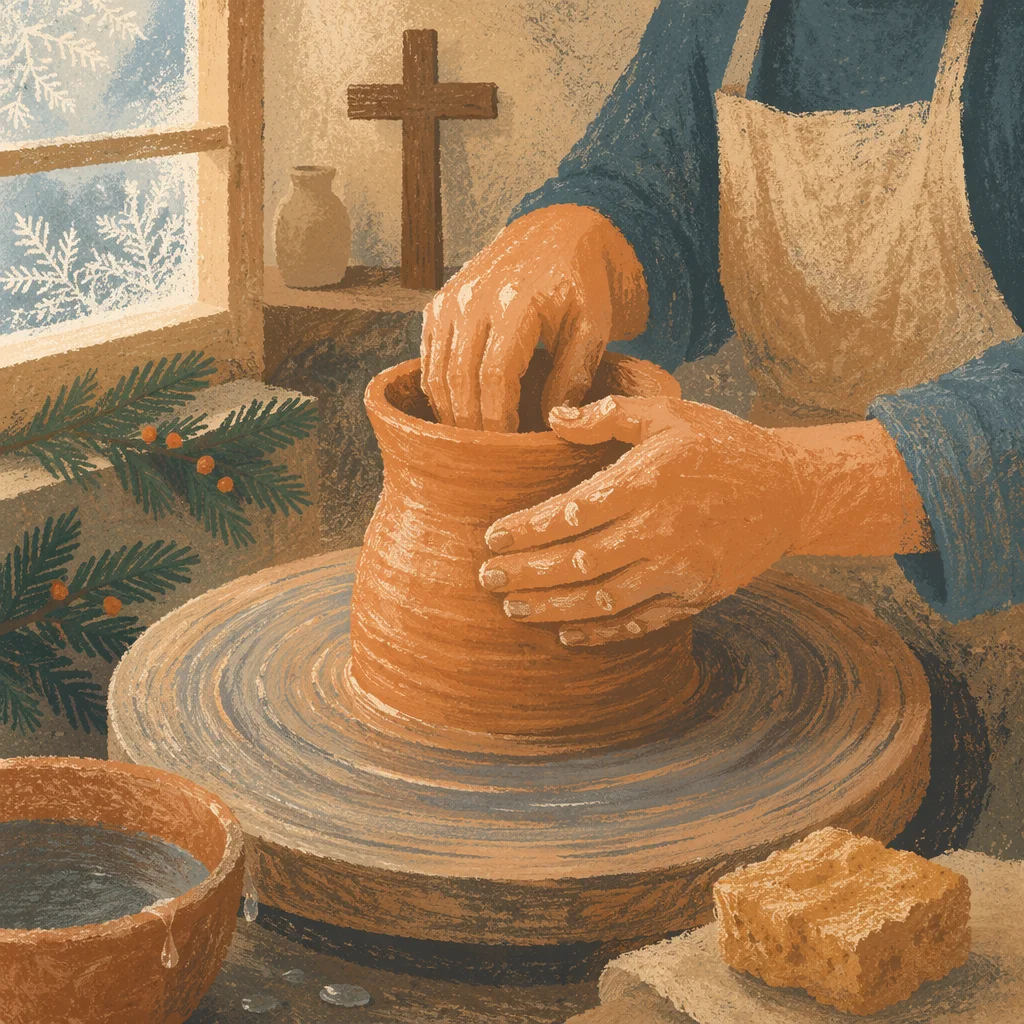 Potter Hands Shaping Clay With Cross