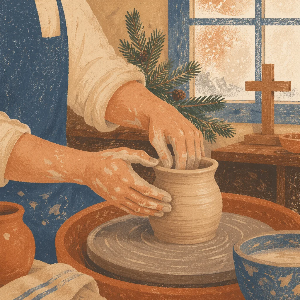 Potter Hands Shaping Clay with Evergreen Faith
