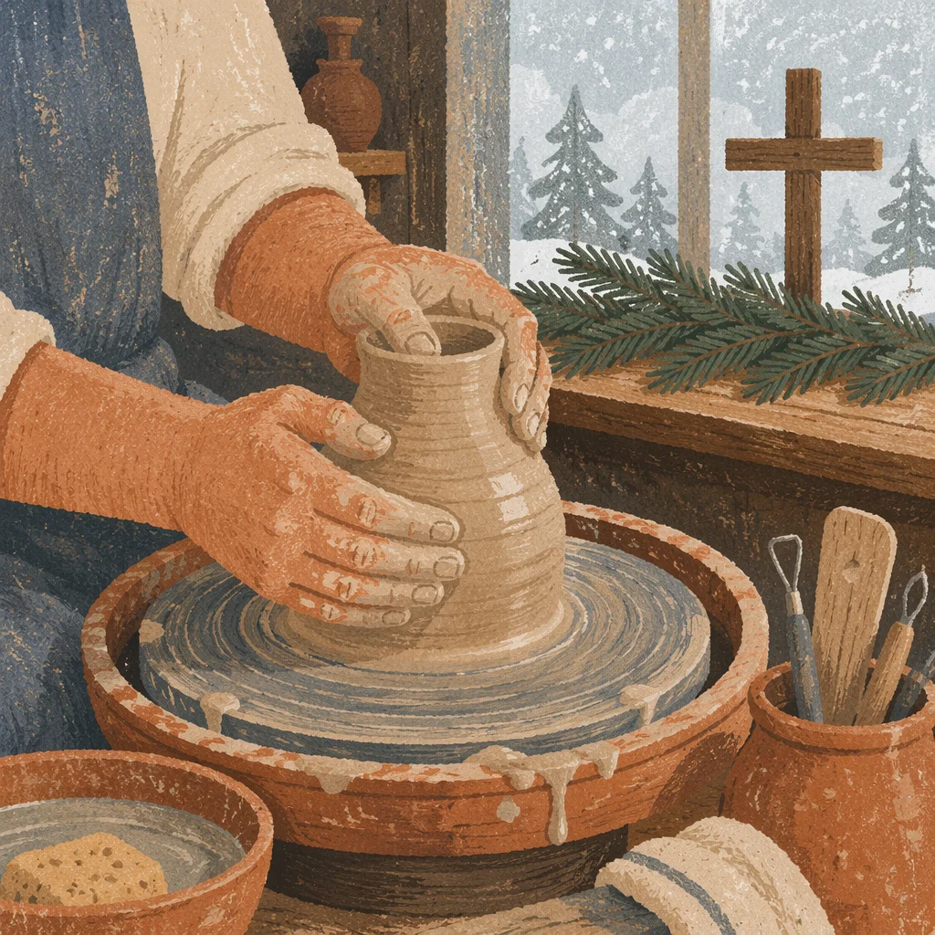 Potter Hands Shaping Clay With Evergreen Faith