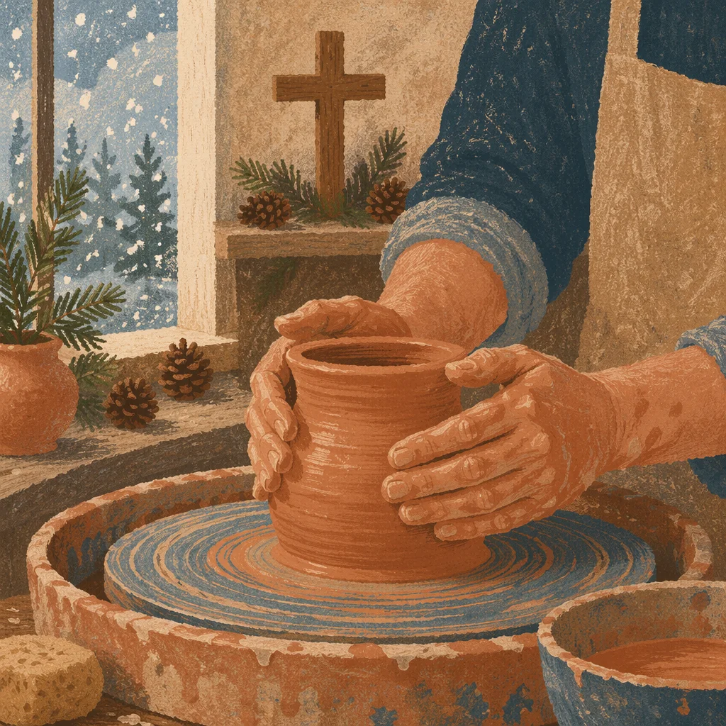 Potter Hands Shaping Clay With Evergreen Hope