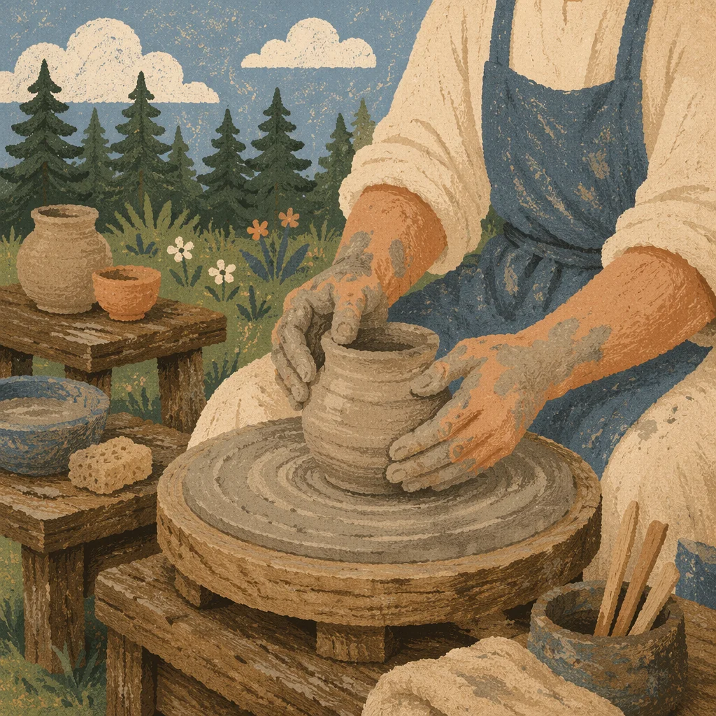 Potter Hands Shaping Clay with Evergreen Branches