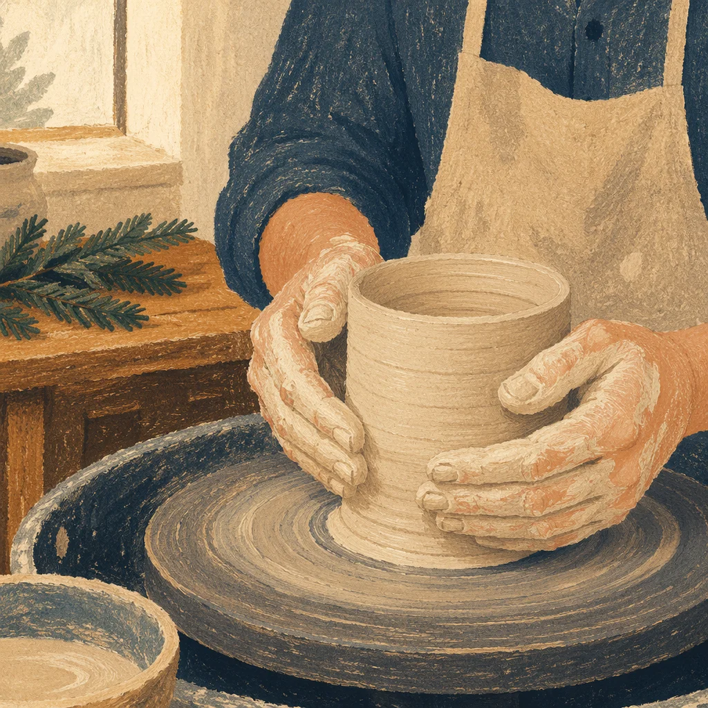 Potter Hands Shaping Clay with Evergreen Hope