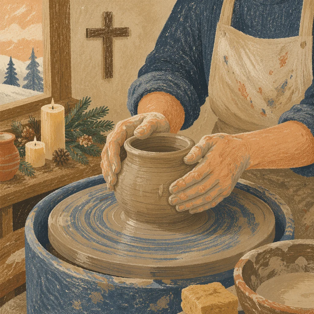 Potter Hands Shaping Clay with Evergreen Hope