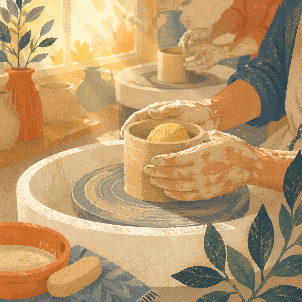Potter Hands Shaping Clay in Warm Light