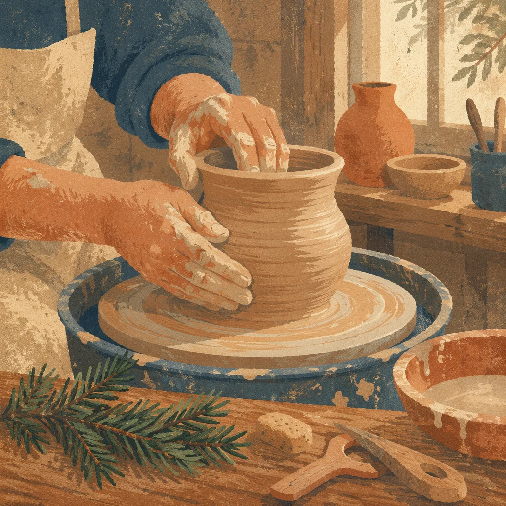 Potter Hands Shaping Clay with Evergreen Hope