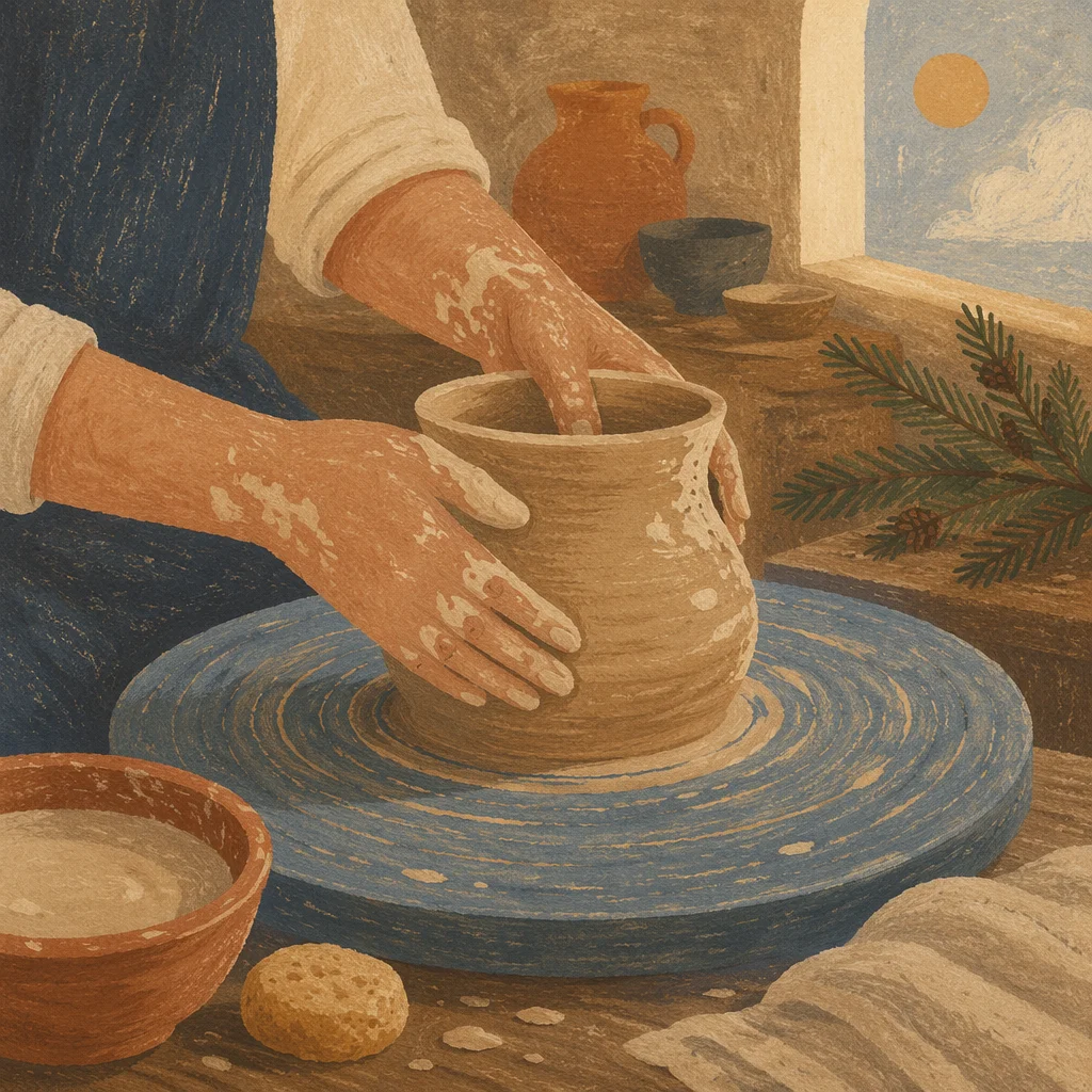 Potter Hands Shaping Clay with Evergreen Hope