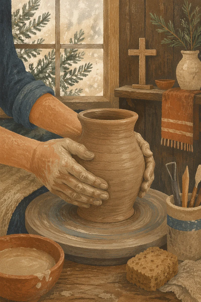 Potter Hands Shaping Clay with Evergreen Light