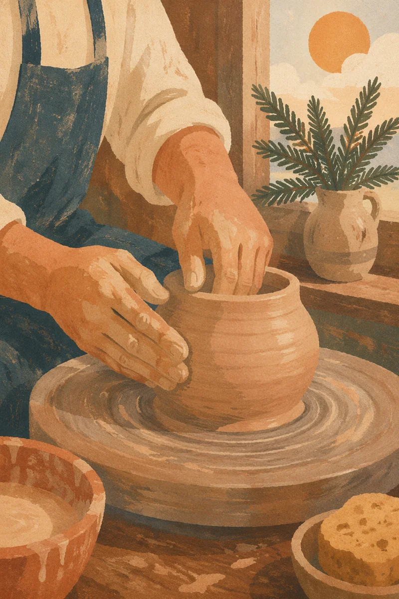 Potter Hands Shaping Clay with Evergreen Light