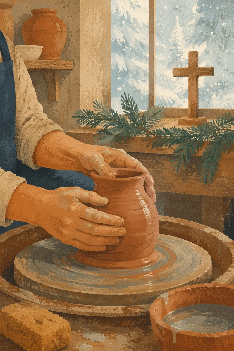 Potter Hands Shaping Clay in Winter Light