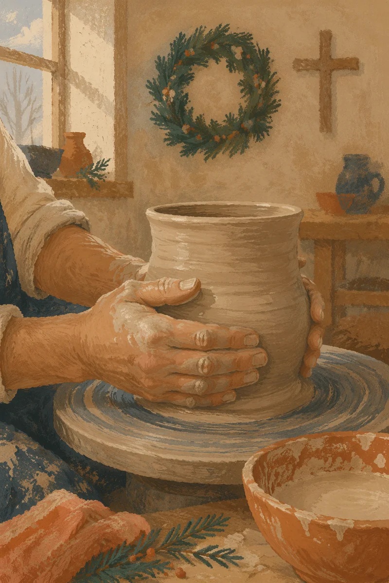 Potter Hands Shaping Clay with Evergreen Faith