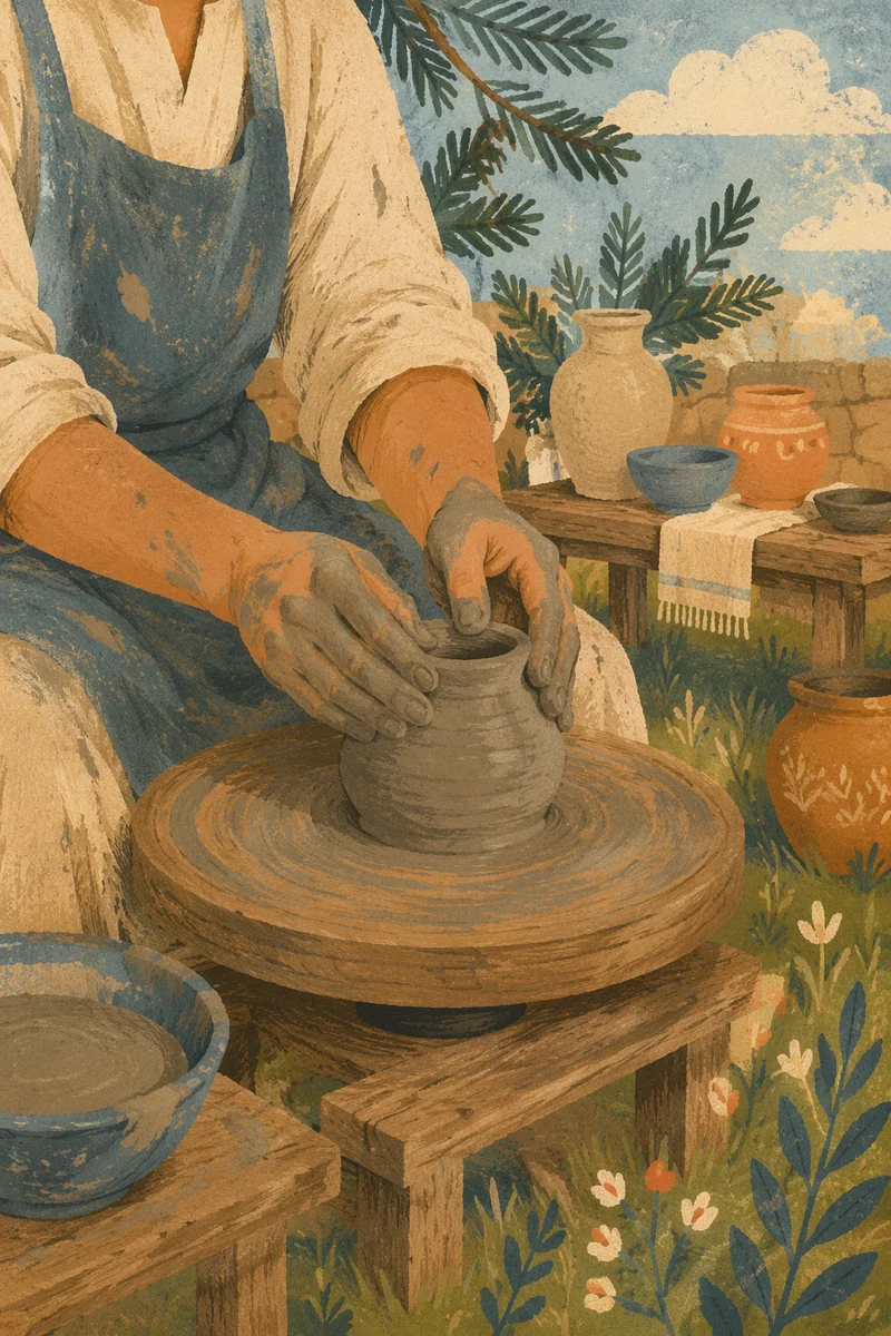 Potter Hands Shaping Clay with Evergreen Renewal