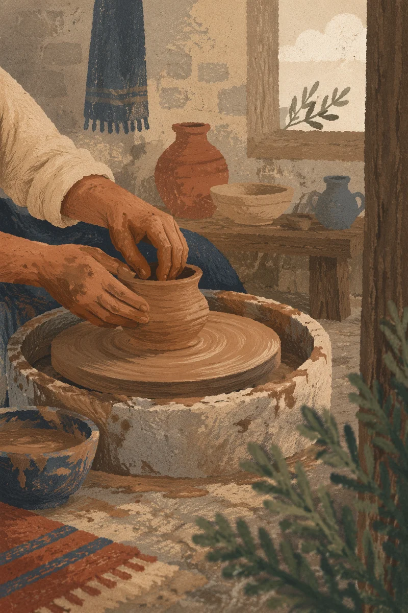 Potter Hands Shaping Clay with Evergreen
