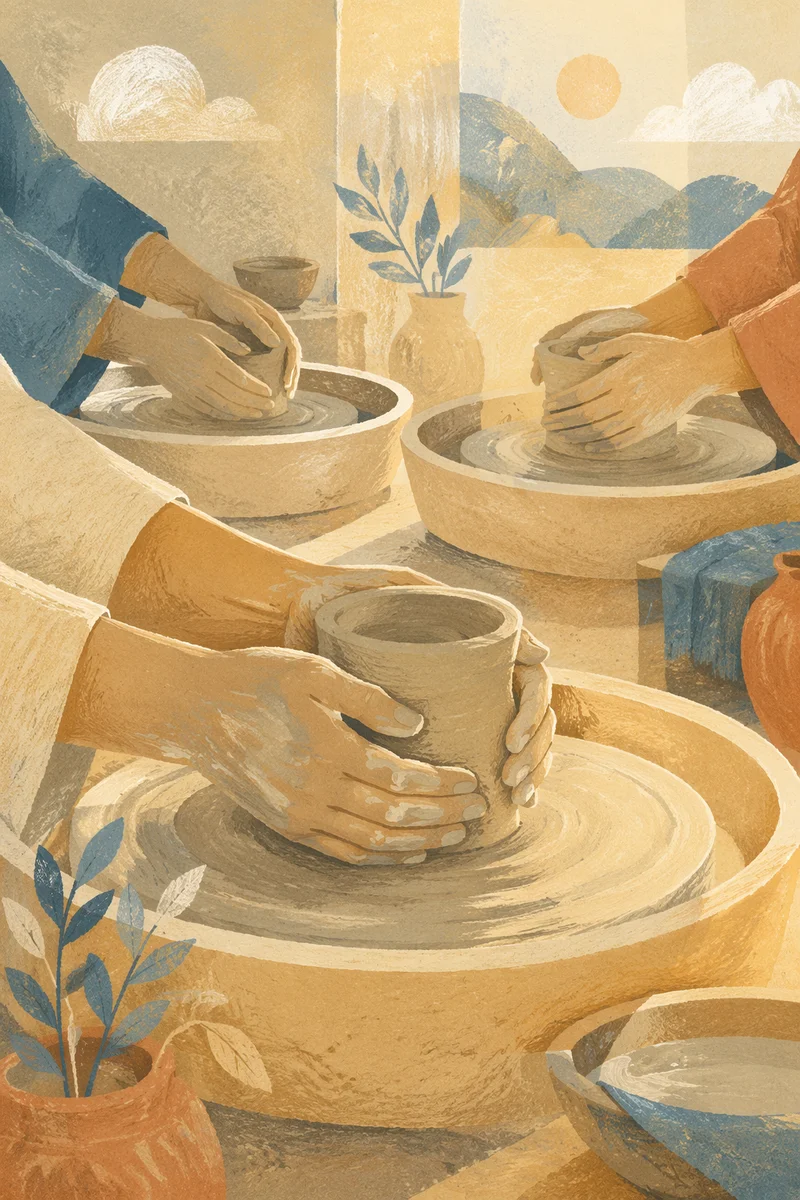 Potter Hands Shaping Clay in Sunlit Studio
