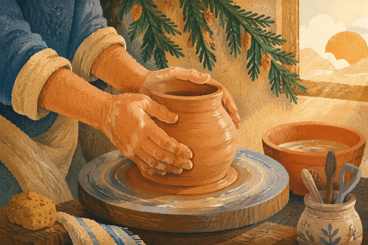 Potter Hands Shaping Clay with Evergreen Hope