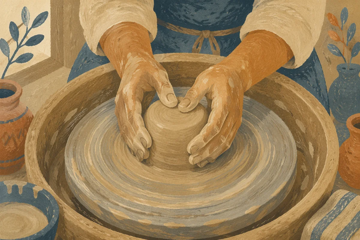 Potter Hands Shaping Clay on Wheel