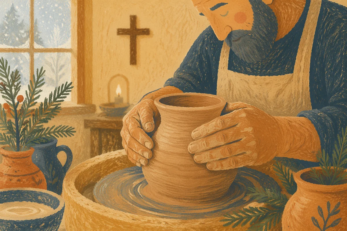 Potter Hands Shaping Clay with Evergreen Cross