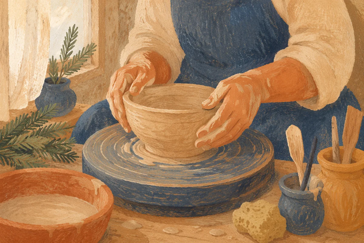 Potter Hands Shaping Clay with Evergreens
