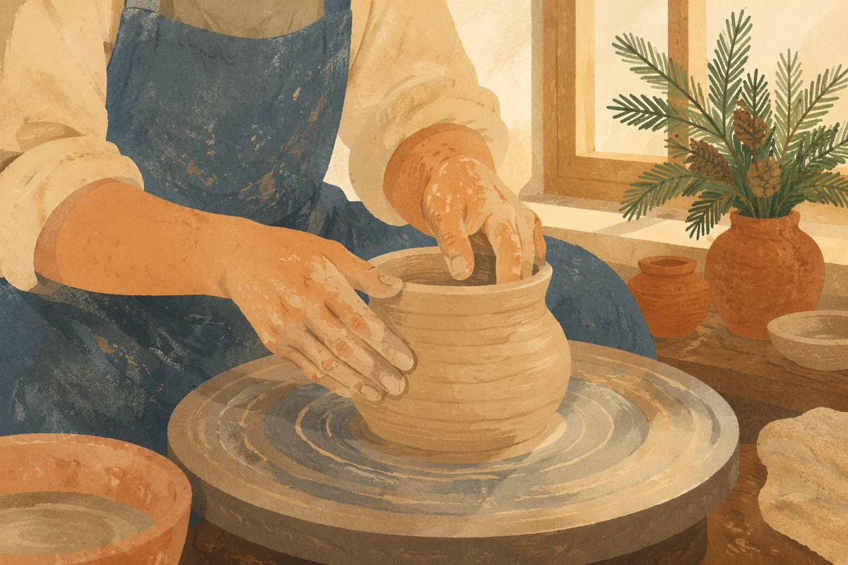 Potter Hands Shaping Clay with Evergreen Accent