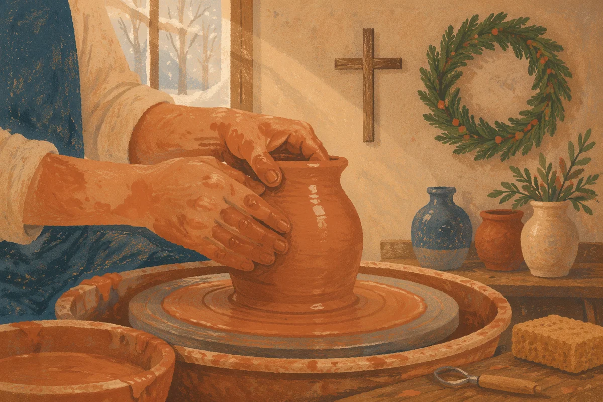 Potter Hands Shaping Clay With Evergreen Faith
