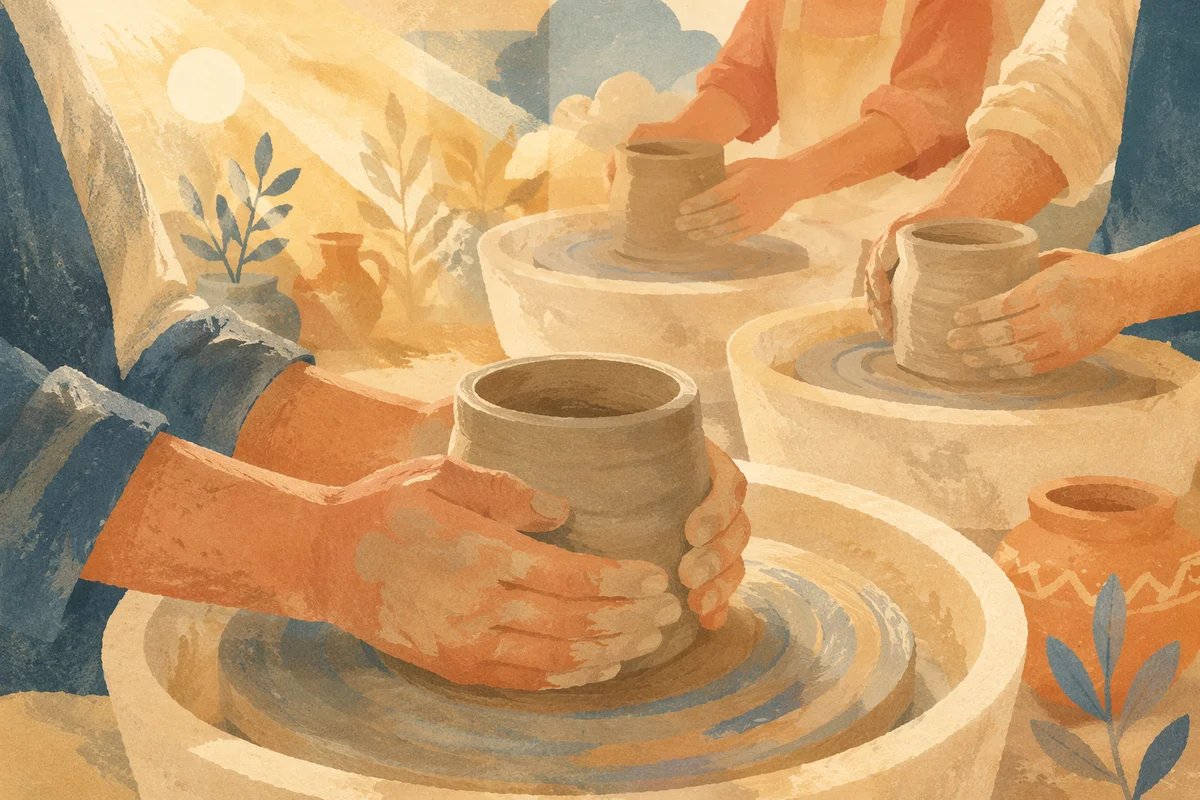 Potter Hands Shaping Clay in Community Studio
