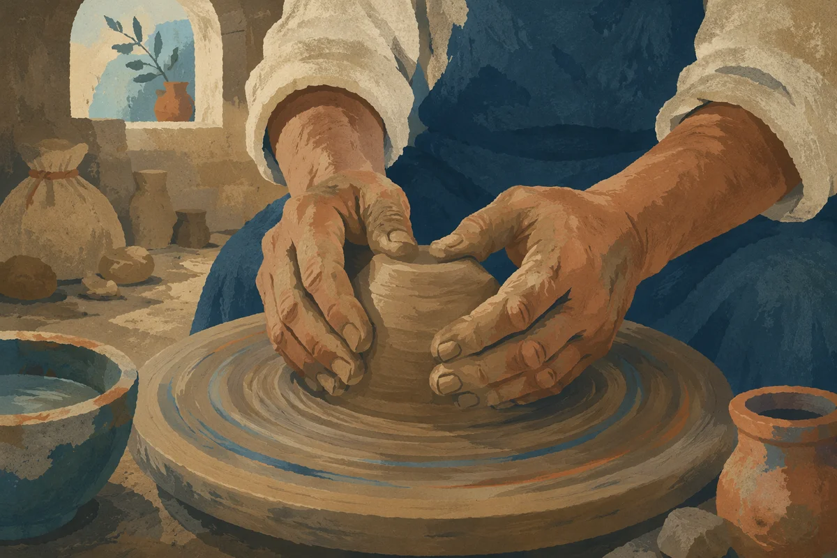 Potter Hands Shaping Clay in Workshop