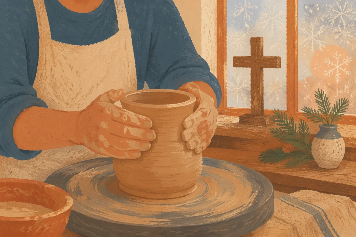 Potter Hands Shaping Clay with Evergreen Cross