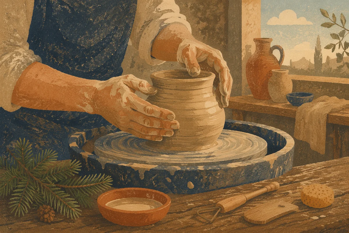 Potter Hands Shaping Clay with Evergreen Hope