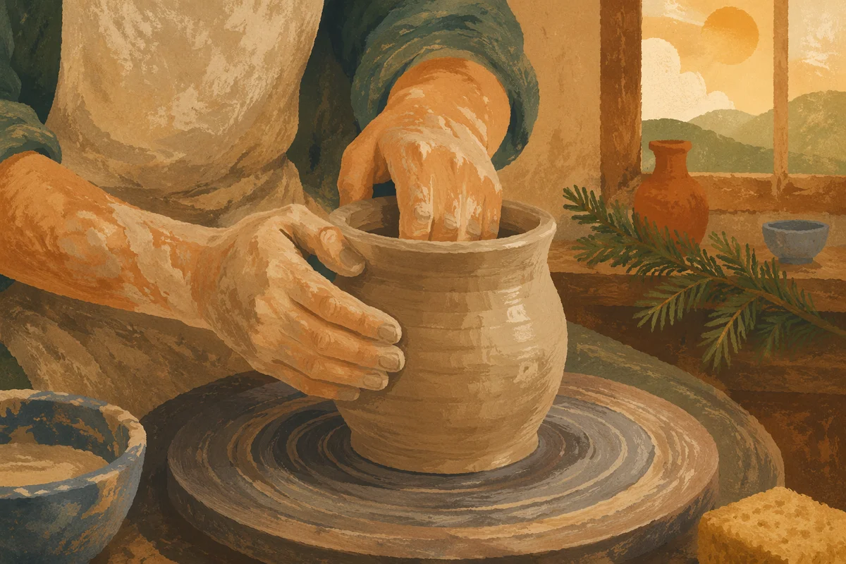 Potter Hands Shaping Clay with Evergreen Hope