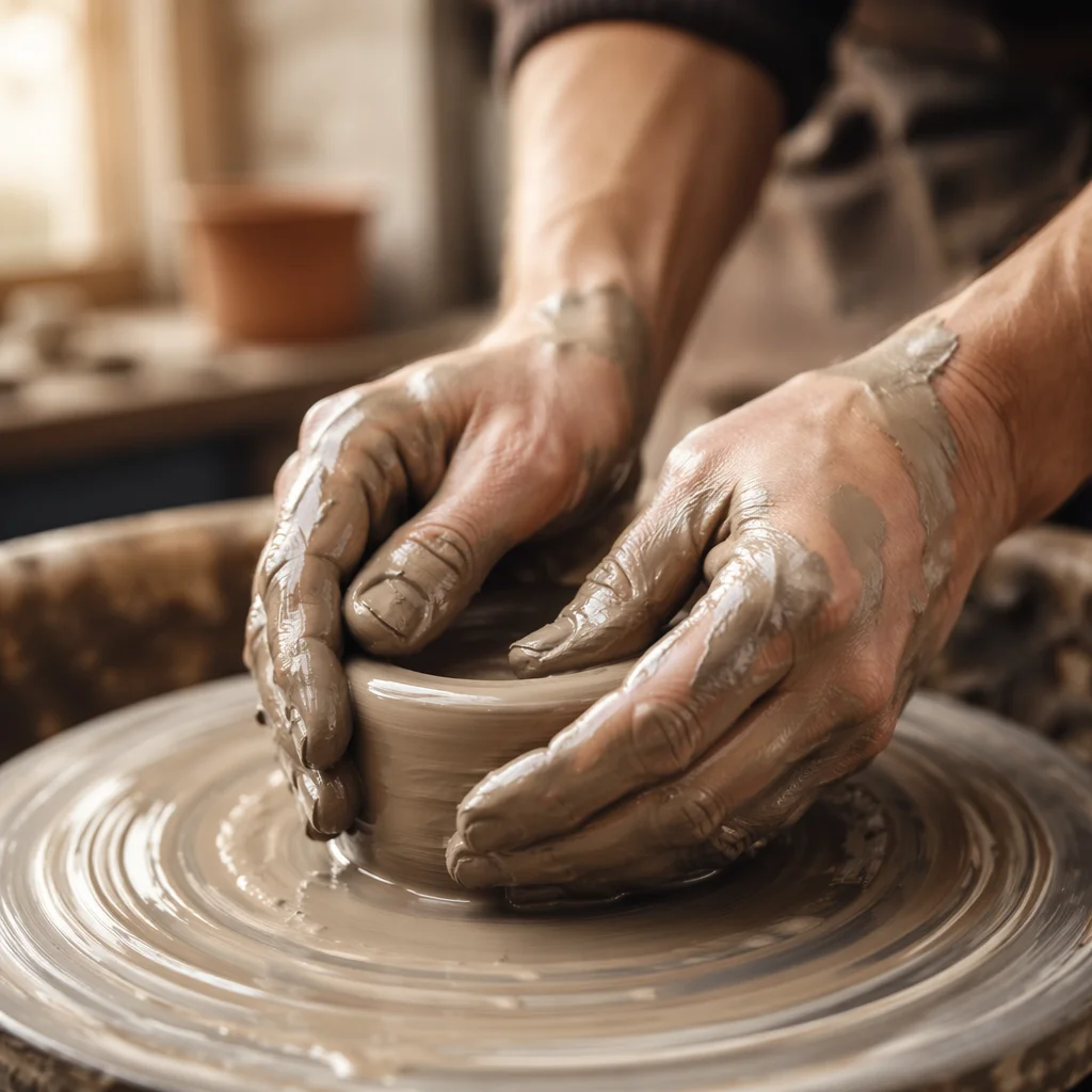 Potter Hands Shaping Clay on Wheel